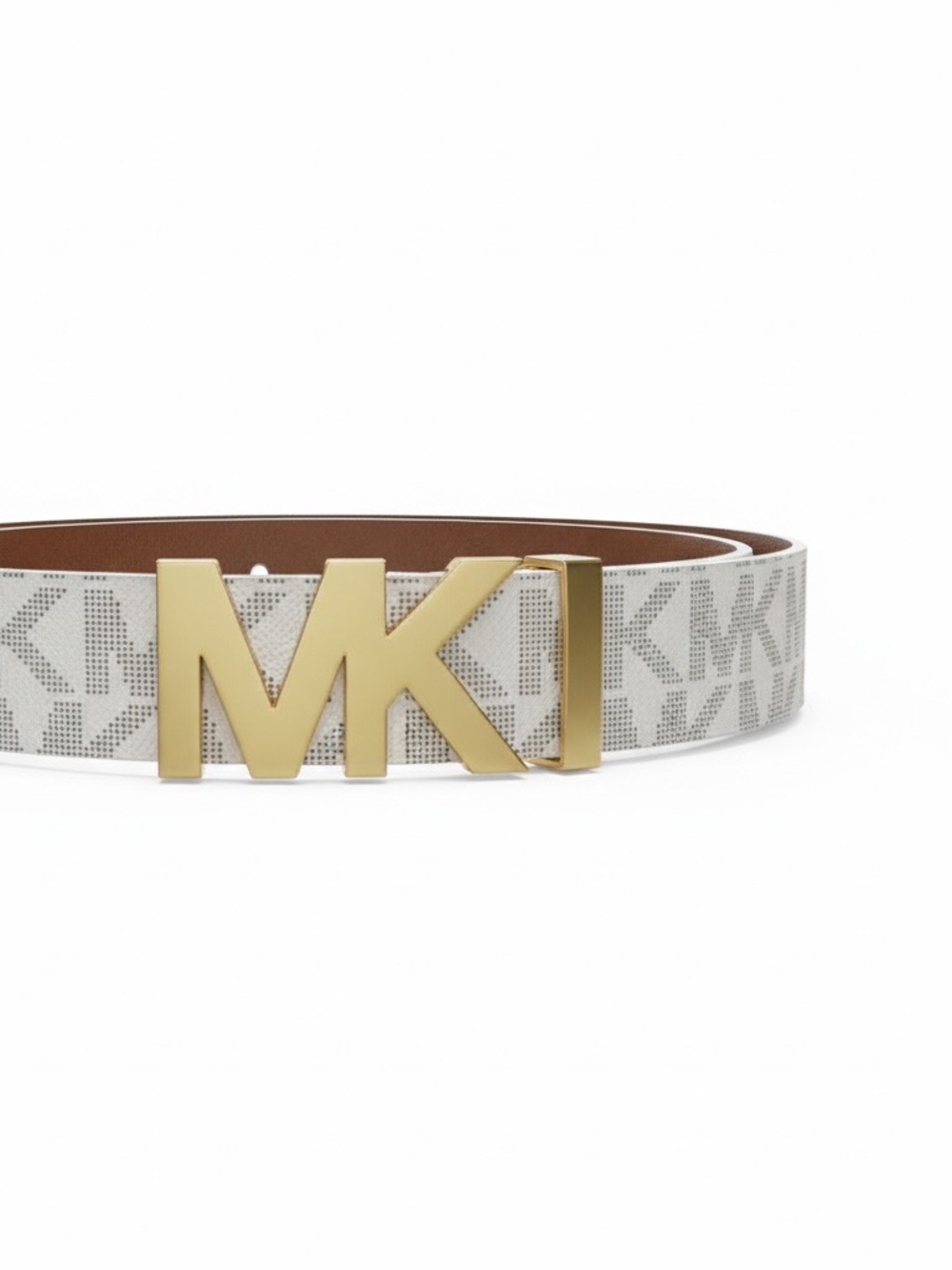 Michael Kors White Logo MK Gold Buckle Reversible Belt